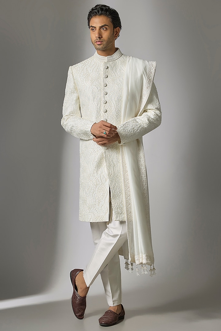 White Chanderi Silk Cutdana Embroidered Wedding Sherwani Set by PARV DESIGN STUDIO at Pernia's Pop Up Shop