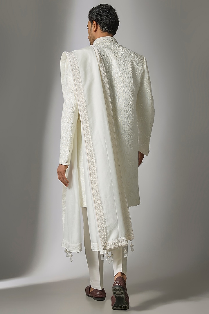 White Chanderi Silk Cutdana Embroidered Wedding Sherwani Set by PARV DESIGN STUDIO at Pernia's Pop Up Shop