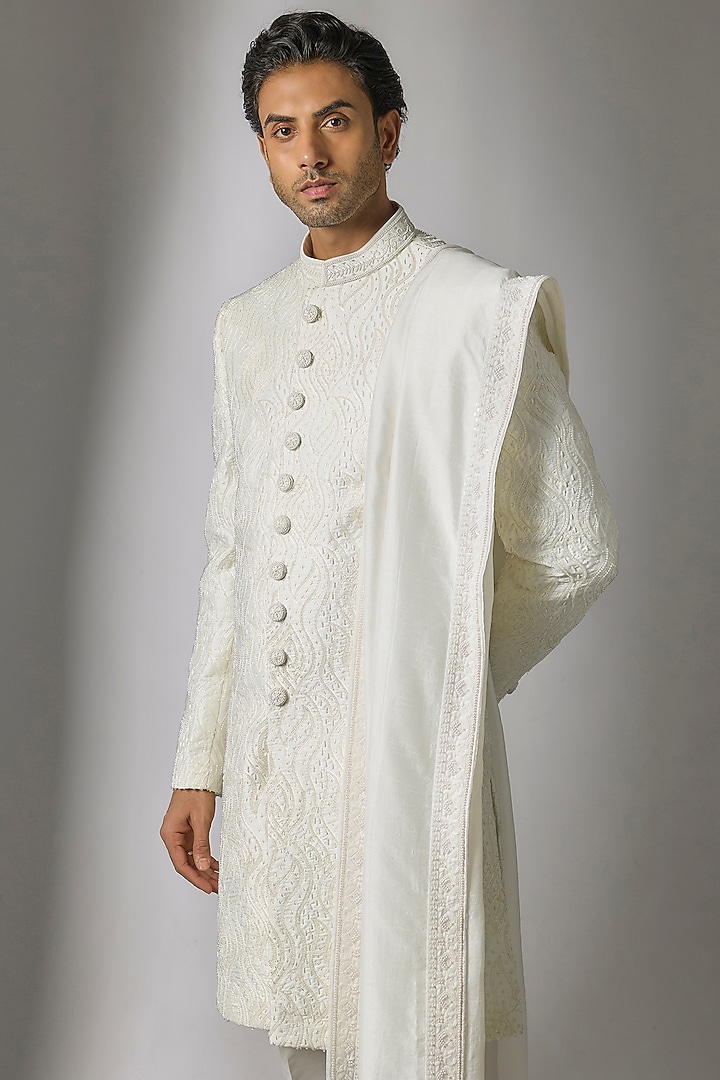 White Chanderi Silk Cutdana Embroidered Wedding Sherwani Set by PARV DESIGN STUDIO at Pernia's Pop Up Shop