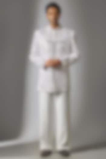 White Japanese Suiting Fabric Mirror Embellished Wedding Bandhgala Set by PARV DESIGN STUDIO at Pernia's Pop Up Shop