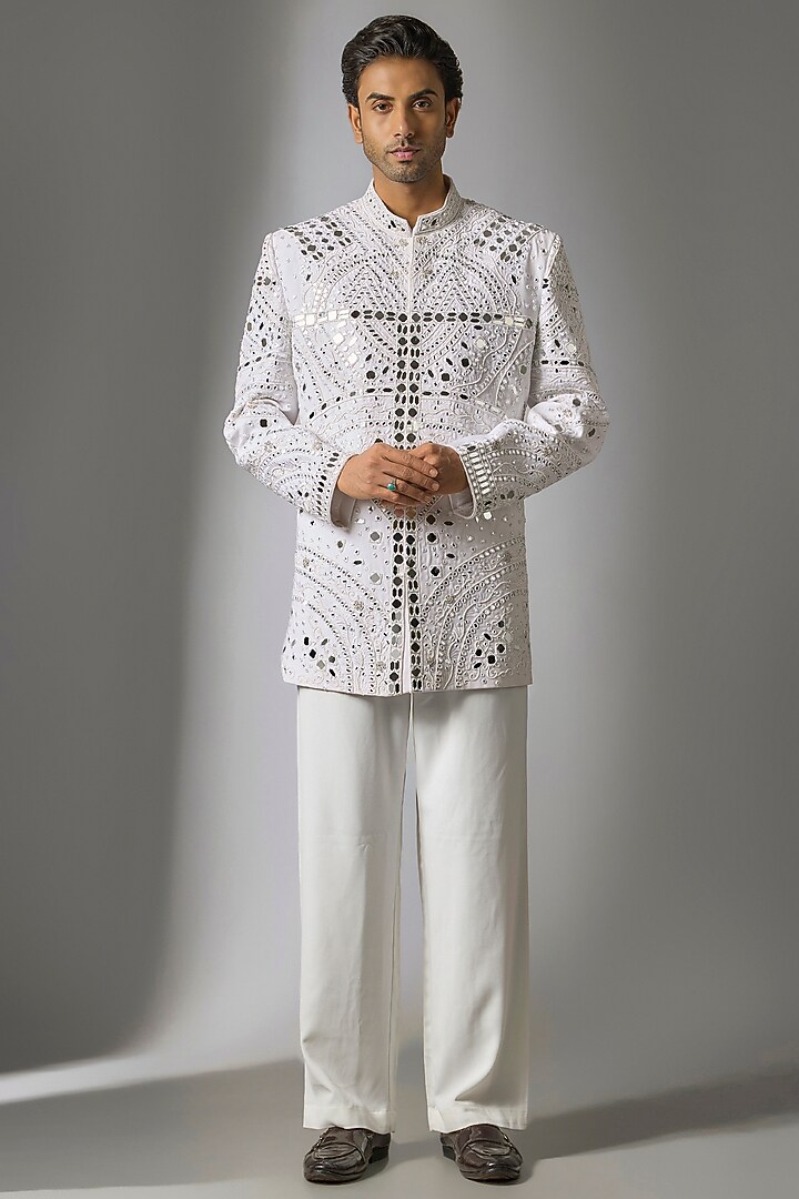 White Japanese Suiting Fabric Mirror Embellished Wedding Bandhgala Set by PARV DESIGN STUDIO at Pernia's Pop Up Shop