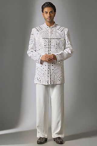 White Japanese Suiting Fabric Mirror Embellished Bandhgala Set by PARV DESIGN STUDIO