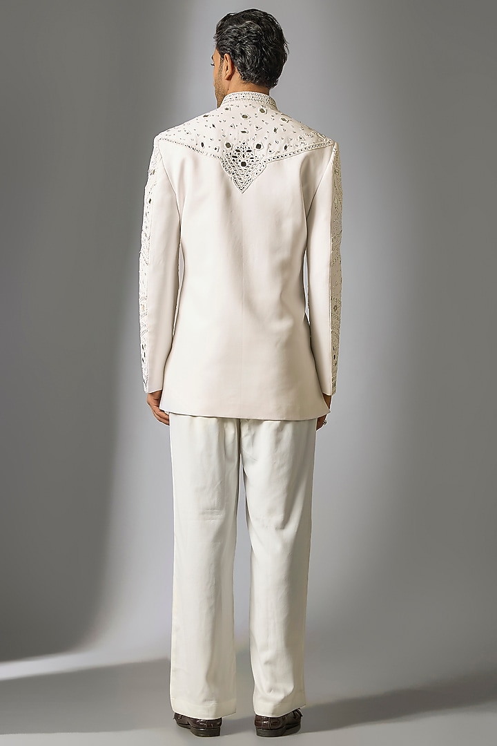 White Japanese Suiting Fabric Mirror Embellished Wedding Bandhgala Set by PARV DESIGN STUDIO at Pernia's Pop Up Shop