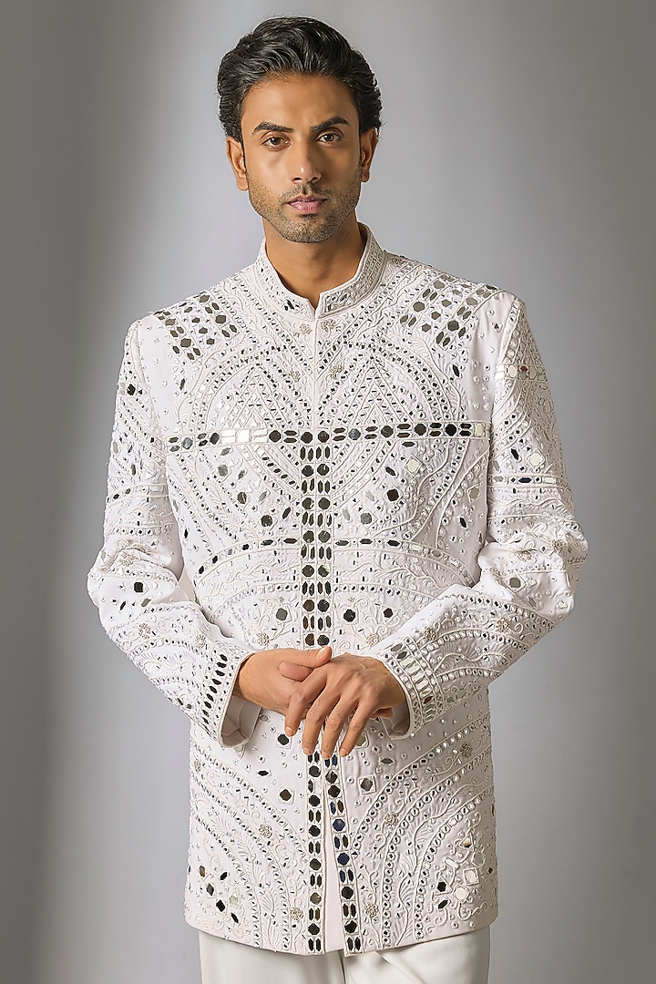 White Japanese Suiting Fabric Mirror Embellished Wedding Bandhgala Set by PARV DESIGN STUDIO at Pernia's Pop Up Shop