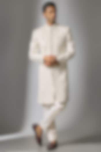 White Chanderi Silk Cutdana Embroidered Groom Sherwani Set by PARV DESIGN STUDIO at Pernia's Pop Up Shop