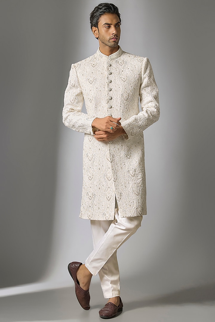 White Chanderi Silk Cutdana Embroidered Groom Sherwani Set by PARV DESIGN STUDIO at Pernia's Pop Up Shop