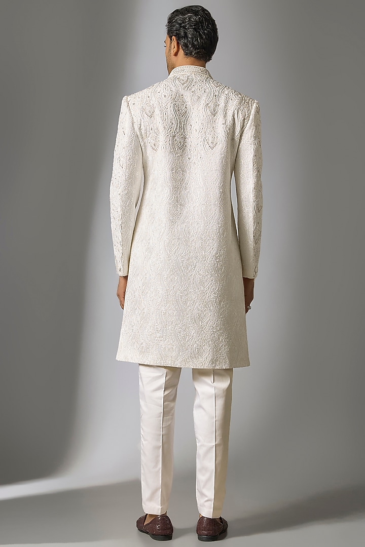 White Chanderi Silk Cutdana Embroidered Groom Sherwani Set by PARV DESIGN STUDIO at Pernia's Pop Up Shop