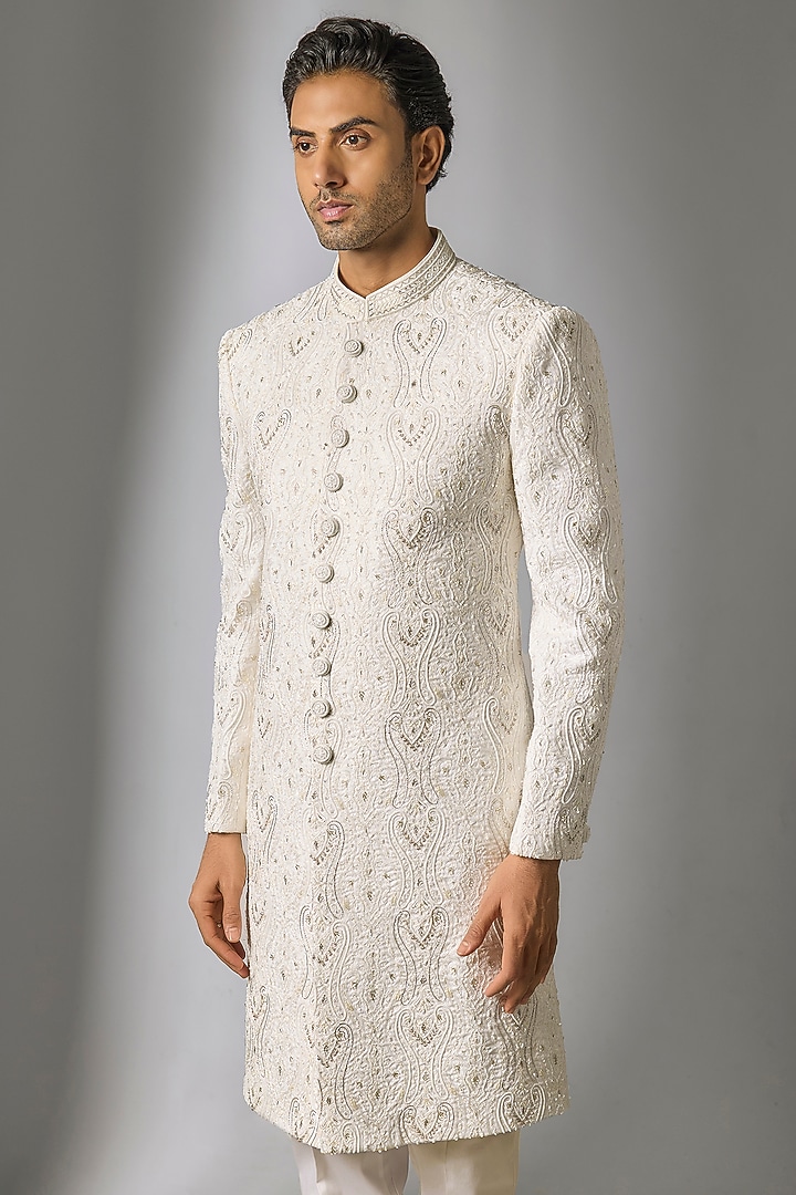 White Chanderi Silk Cutdana Embroidered Groom Sherwani Set by PARV DESIGN STUDIO at Pernia's Pop Up Shop