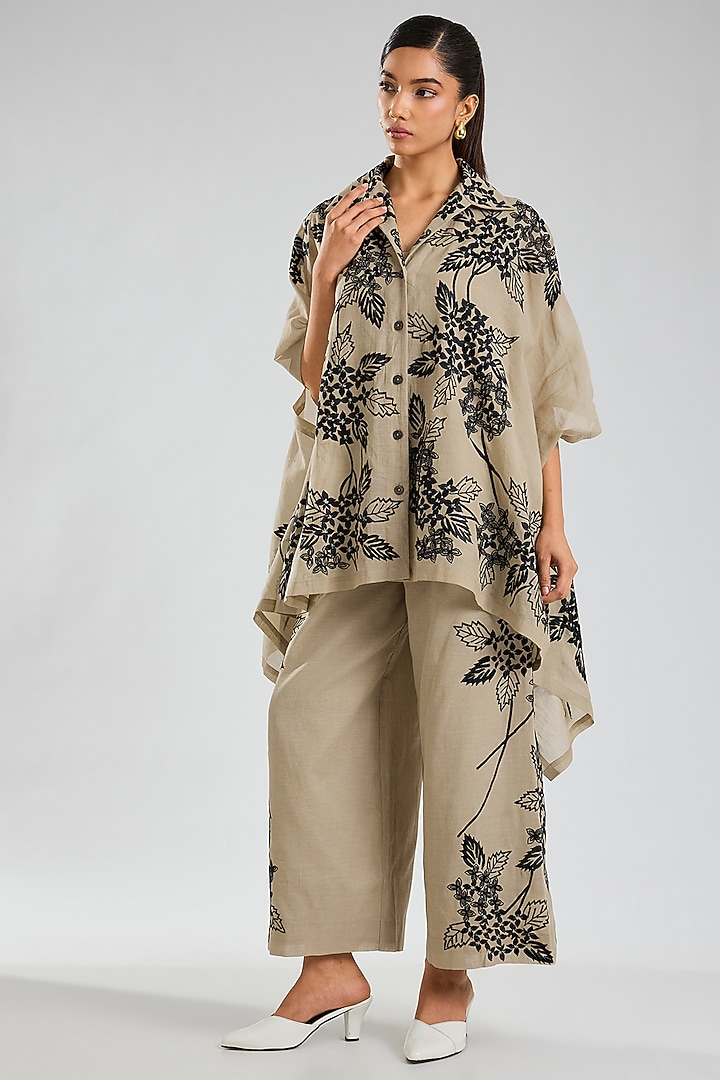 Natural Beige & Black Handloom Cotton Thread Embroidered Cape by Peachoo at Pernia's Pop Up Shop