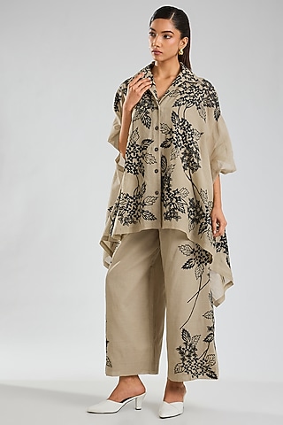 Natural Beige & Black Handloom Cotton Thread Embroidered Cape by Peachoo