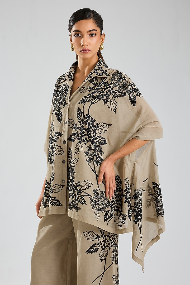 Natural Beige & Black Handloom Cotton Thread Embroidered Cape by Peachoo at Pernia's Pop Up Shop