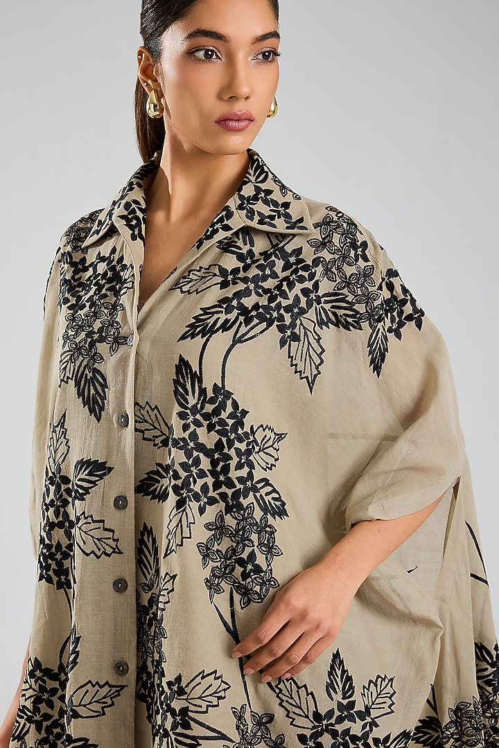 Natural Beige & Black Handloom Cotton Thread Embroidered Cape by Peachoo at Pernia's Pop Up Shop