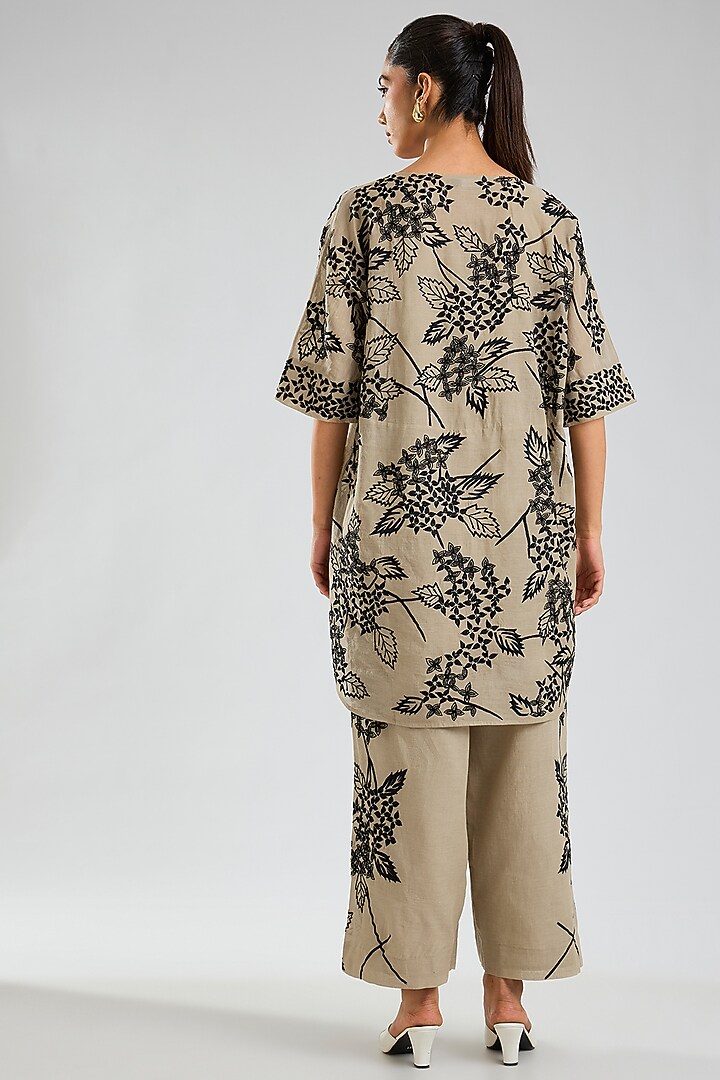 Natural Beige & Black Handloom Cotton Thread Embroidered Tunic by Peachoo at Pernia's Pop Up Shop