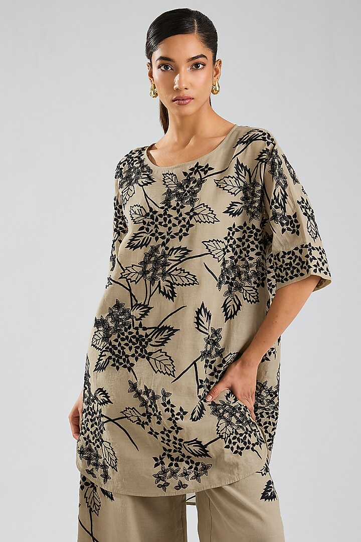 Natural Beige & Black Handloom Cotton Thread Embroidered Tunic by Peachoo at Pernia's Pop Up Shop