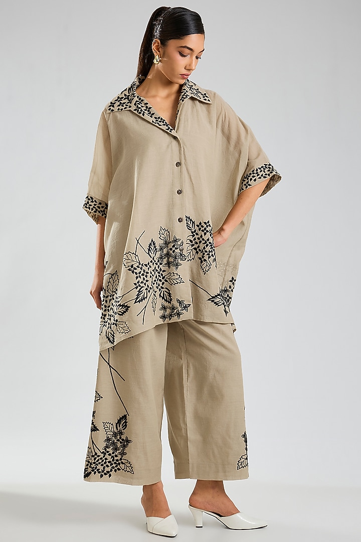 Natural Beige & Black Handloom Cotton Thread Embroidered Tunic by Peachoo at Pernia's Pop Up Shop