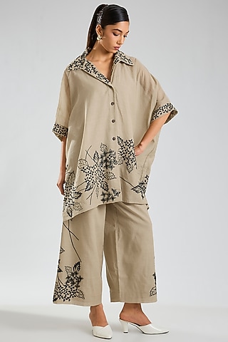 Natural Beige & Black Handloom Cotton Thread Embroidered Tunic by Peachoo
