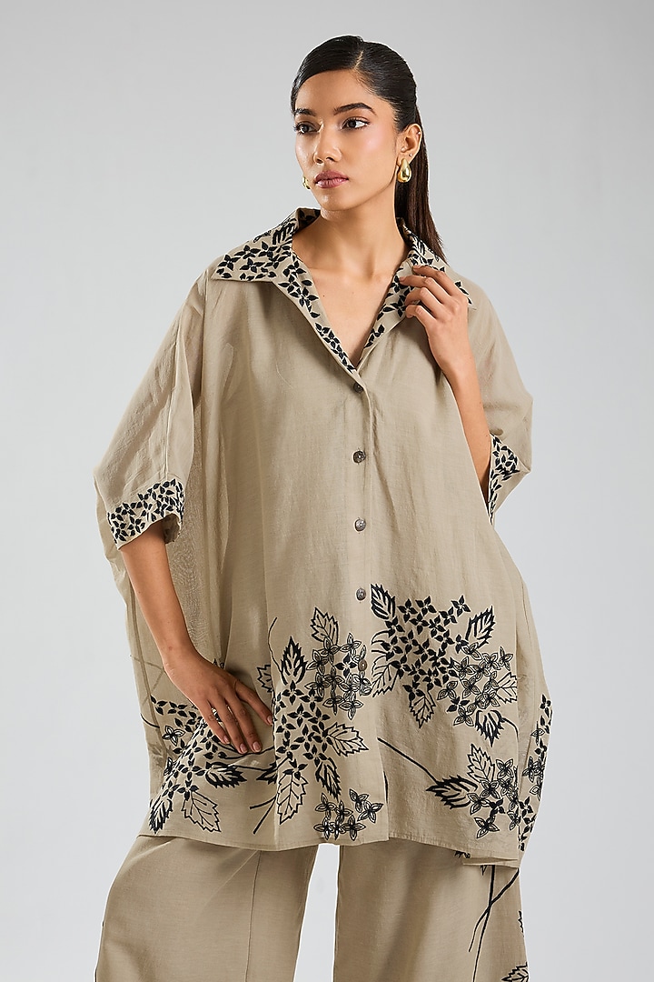 Natural Beige & Black Handloom Cotton Thread Embroidered Tunic by Peachoo at Pernia's Pop Up Shop