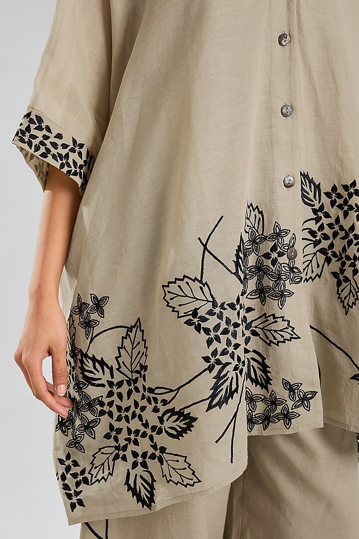 Natural Beige & Black Handloom Cotton Thread Embroidered Tunic by Peachoo at Pernia's Pop Up Shop