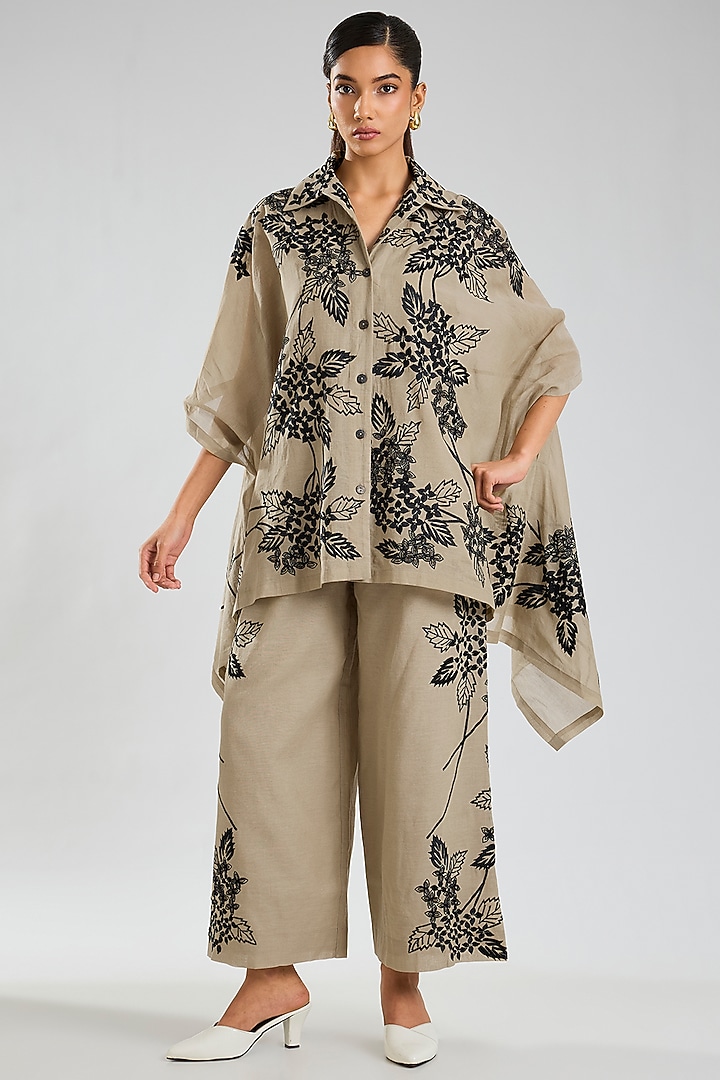 Natural Beige & Black Handloom Cotton Thread Embroidered Pants by Peachoo at Pernia's Pop Up Shop
