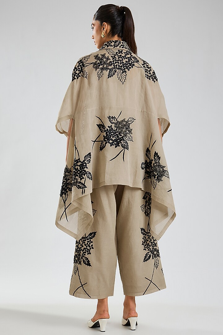 Natural Beige & Black Handloom Cotton Thread Embroidered Pants by Peachoo at Pernia's Pop Up Shop
