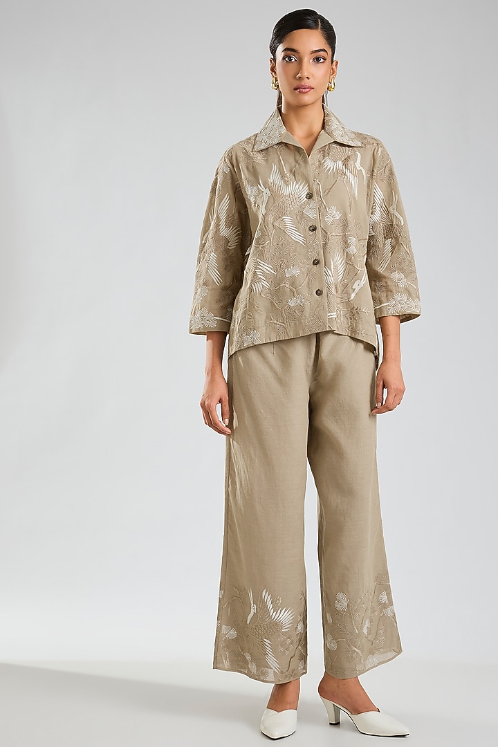 Natural Beige Handloom Cotton Thread Embroidered Jacket by Peachoo at Pernia's Pop Up Shop