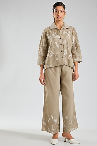 Natural Beige Handloom Cotton Thread Embroidered Jacket by Peachoo