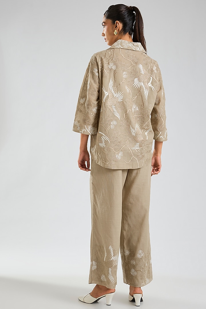 Natural Beige Handloom Cotton Thread Embroidered Jacket by Peachoo at Pernia's Pop Up Shop
