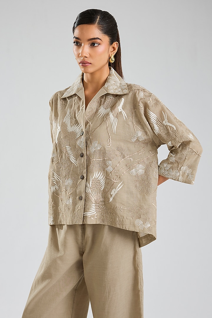 Natural Beige Handloom Cotton Thread Embroidered Jacket by Peachoo at Pernia's Pop Up Shop