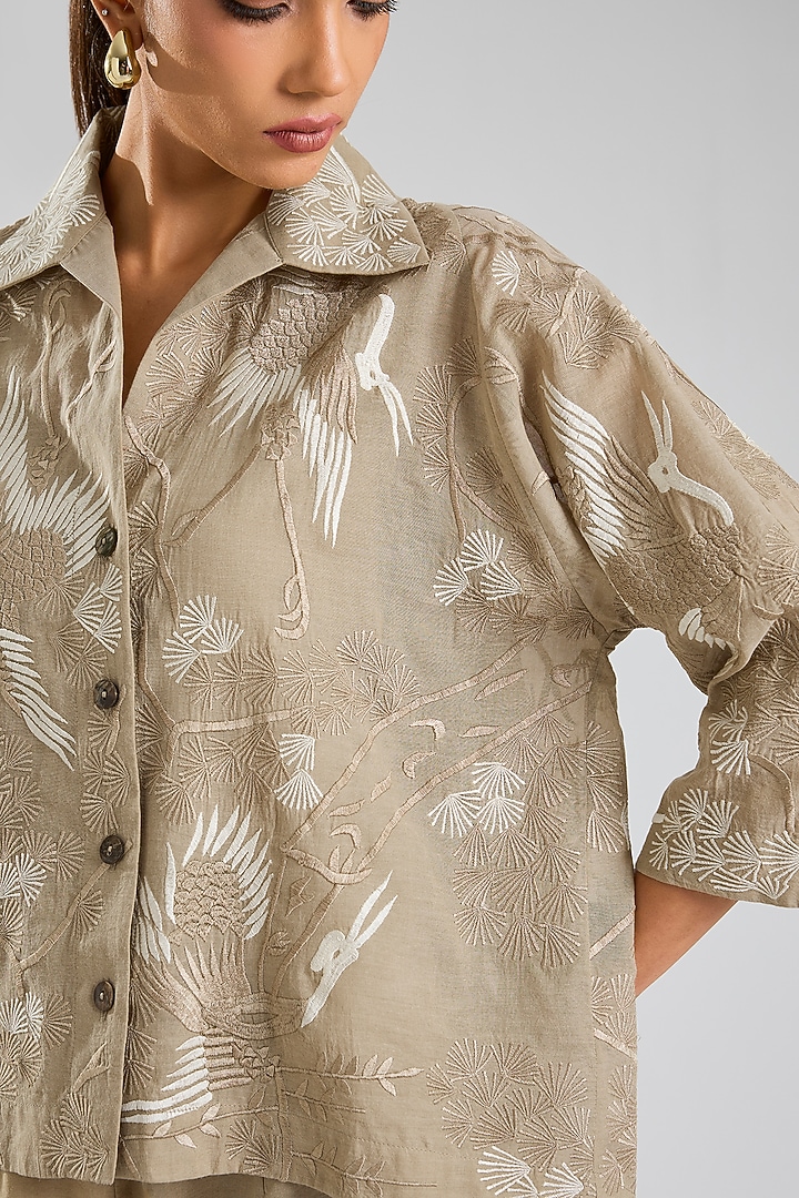 Natural Beige Handloom Cotton Thread Embroidered Jacket by Peachoo at Pernia's Pop Up Shop