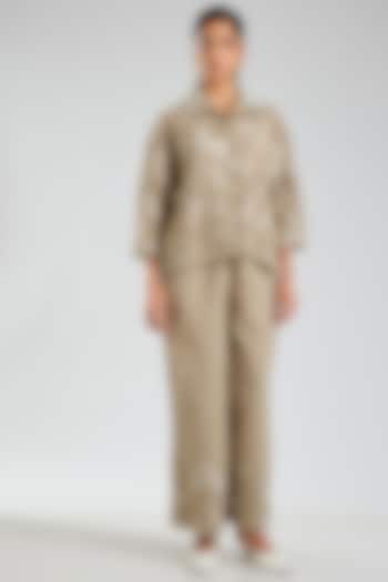 Natural Beige Handloom Cotton Thread Embroidered Pants by Peachoo at Pernia's Pop Up Shop
