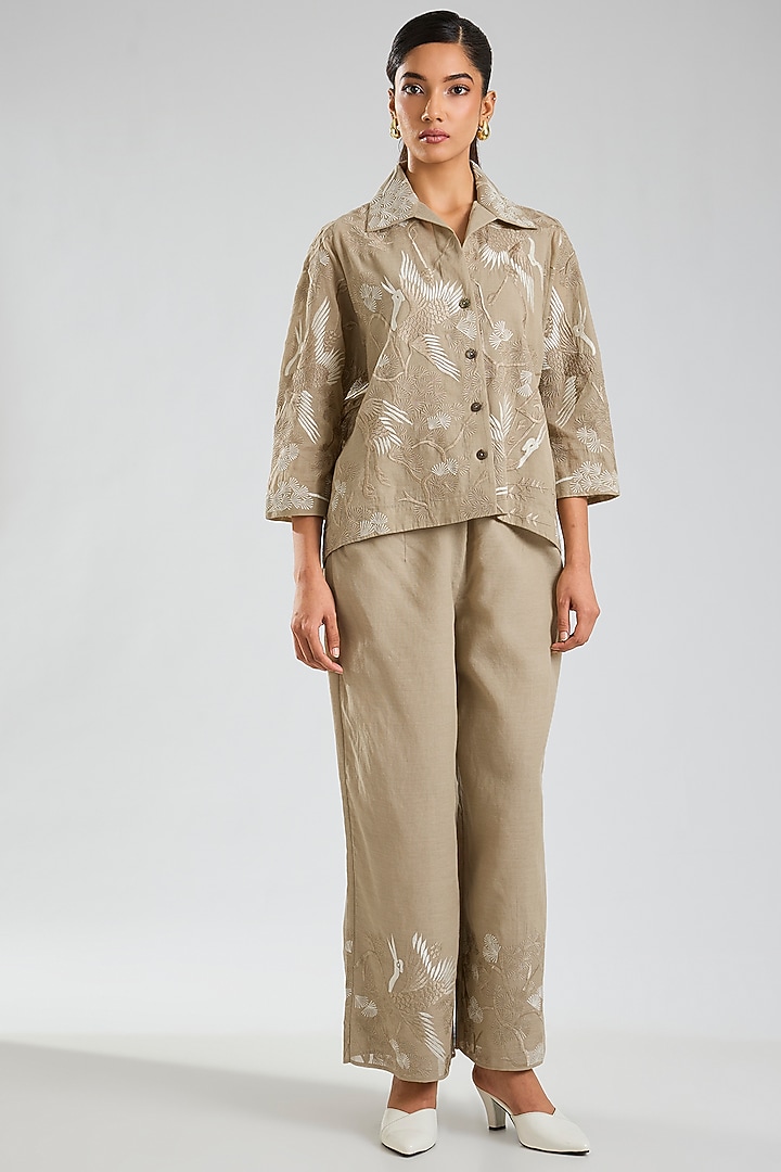 Natural Beige Handloom Cotton Thread Embroidered Pants by Peachoo at Pernia's Pop Up Shop