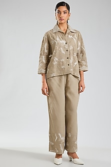 Natural Beige Handloom Cotton Thread Embroidered Pants by Peachoo-POPULAR PRODUCTS AT STORE