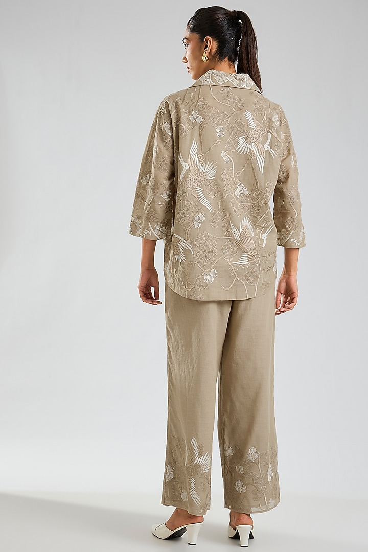 Natural Beige Handloom Cotton Thread Embroidered Pants by Peachoo at Pernia's Pop Up Shop