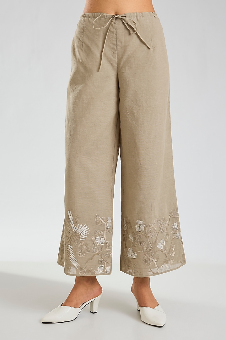 Natural Beige Handloom Cotton Thread Embroidered Pants by Peachoo at Pernia's Pop Up Shop