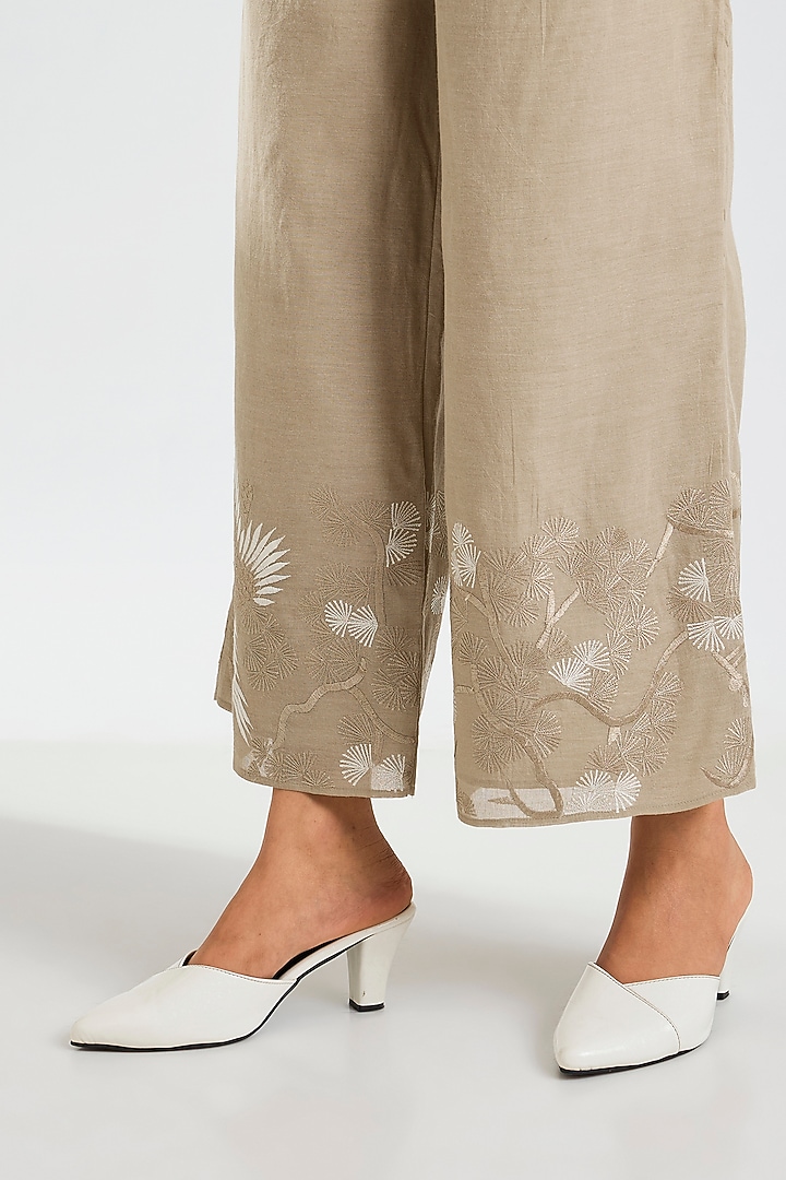 Natural Beige Handloom Cotton Thread Embroidered Pants by Peachoo at Pernia's Pop Up Shop
