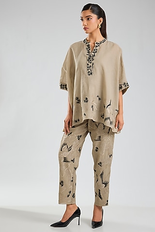 Natural Beige & Black Handloom Cotton Thread Embroidered Top by Peachoo