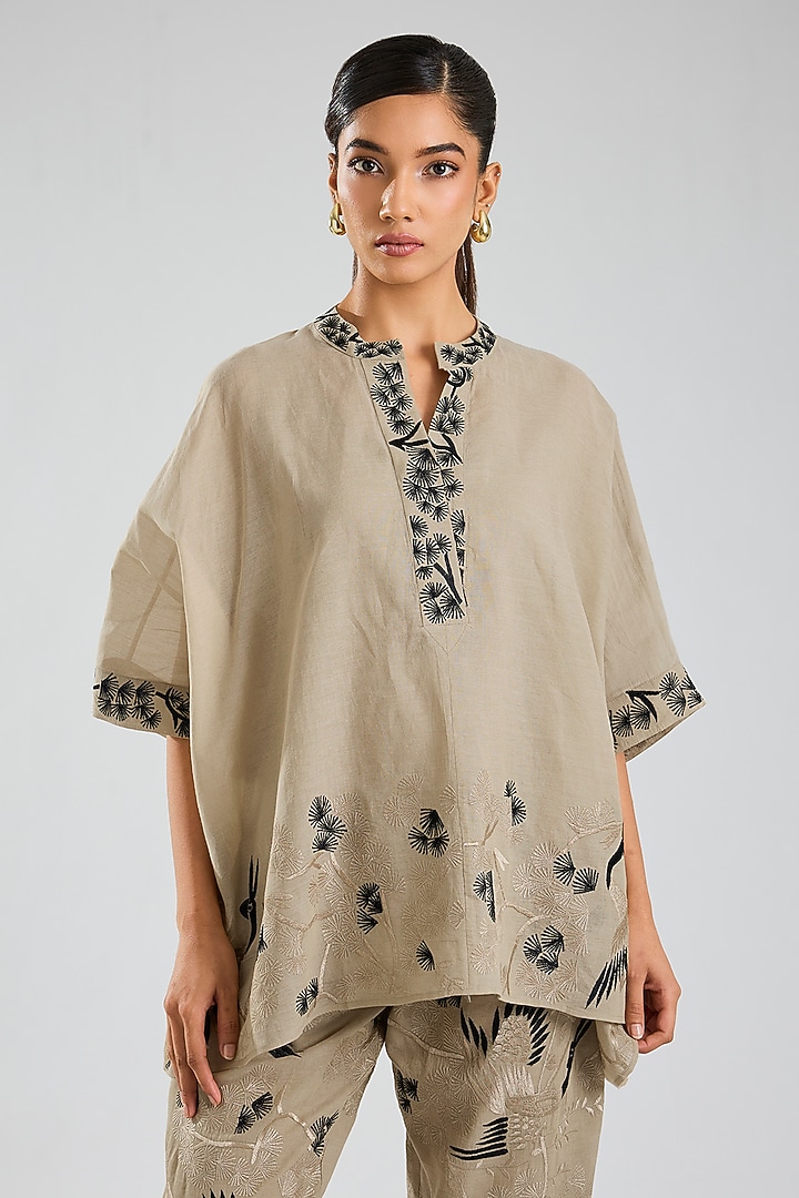 Natural Beige & Black Handloom Cotton Thread Embroidered Top by Peachoo at Pernia's Pop Up Shop