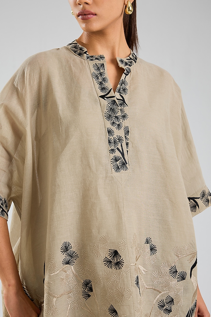 Natural Beige & Black Handloom Cotton Thread Embroidered Top by Peachoo at Pernia's Pop Up Shop