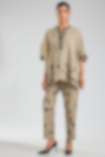 Natural Beige & Black Handloom Cotton Thread Embroidered Pants by Peachoo at Pernia's Pop Up Shop