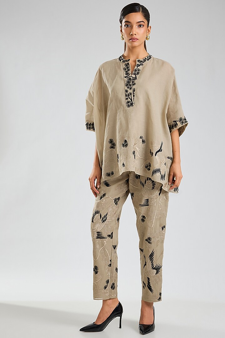 Natural Beige & Black Handloom Cotton Thread Embroidered Pants by Peachoo at Pernia's Pop Up Shop