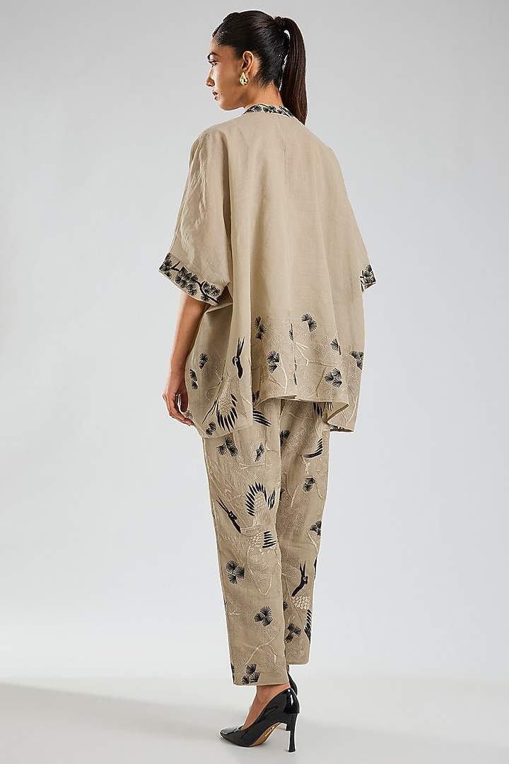 Natural Beige & Black Handloom Cotton Thread Embroidered Pants by Peachoo at Pernia's Pop Up Shop