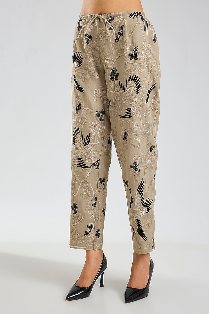 Natural Beige & Black Handloom Cotton Thread Embroidered Pants by Peachoo at Pernia's Pop Up Shop