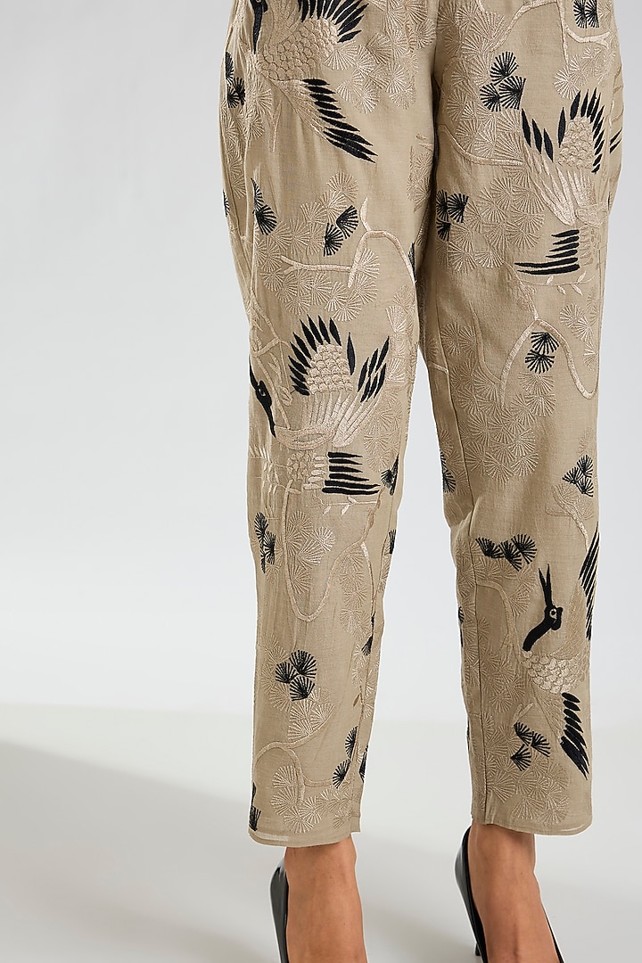 Natural Beige & Black Handloom Cotton Thread Embroidered Pants by Peachoo at Pernia's Pop Up Shop