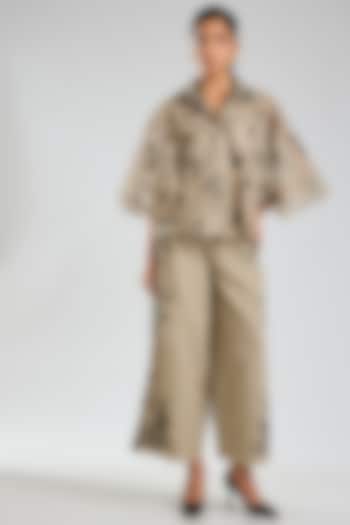 Natural Beige & Black Silk Organza Thread Embroidered Cape by Peachoo at Pernia's Pop Up Shop