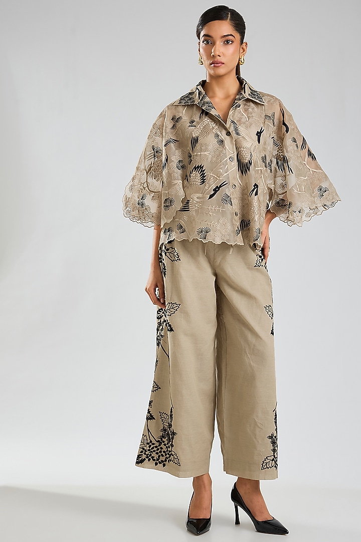 Natural Beige & Black Silk Organza Thread Embroidered Cape by Peachoo at Pernia's Pop Up Shop