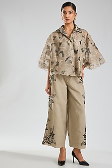 Natural Beige & Black Silk Organza Thread Embroidered Cape by Peachoo-POPULAR PRODUCTS AT STORE
