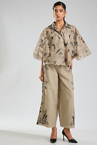 Natural Beige & Black Silk Organza Thread Embroidered Cape by Peachoo