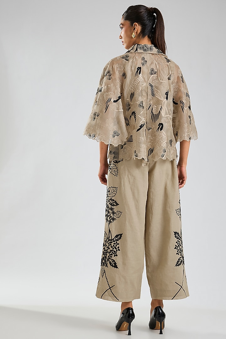 Natural Beige & Black Silk Organza Thread Embroidered Cape by Peachoo at Pernia's Pop Up Shop