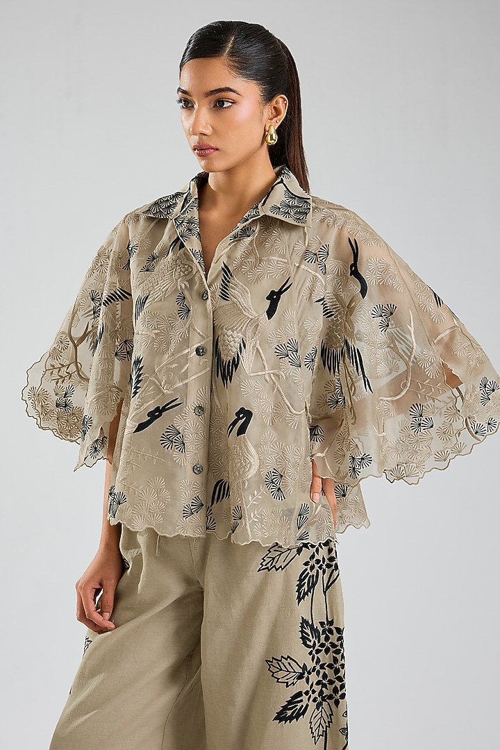 Natural Beige & Black Silk Organza Thread Embroidered Cape by Peachoo at Pernia's Pop Up Shop