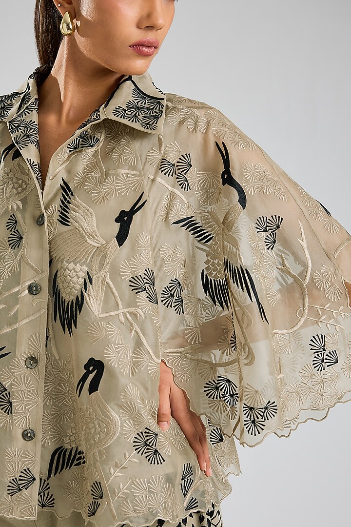 Natural Beige & Black Silk Organza Thread Embroidered Cape by Peachoo at Pernia's Pop Up Shop